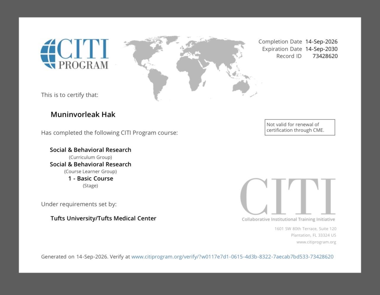 CITI Program certificate: Social & Behavioral Research, Basic Course, completed September 14, 2026, under requirements set by Tufts University/Tufts Medical Center