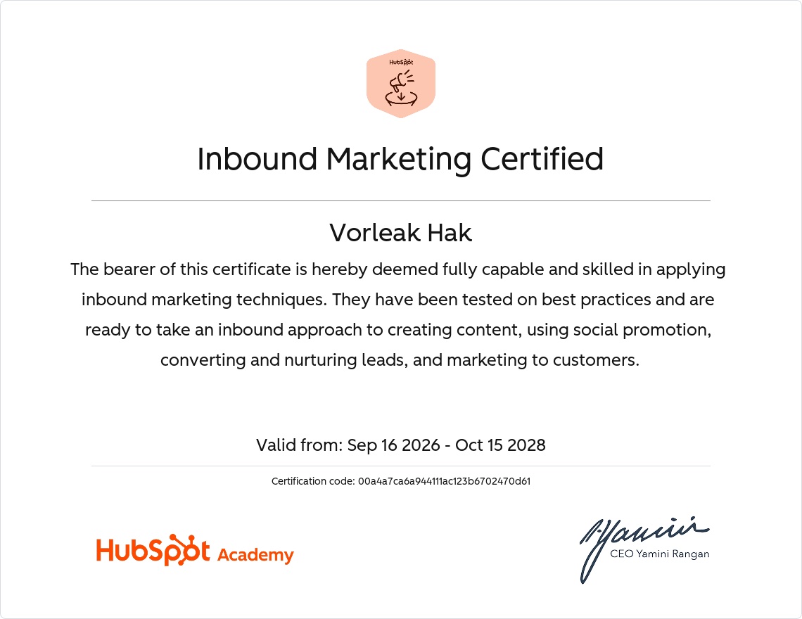 HubSpot Academy Inbound Marketing Certified certificate for Vorleak Hak, valid September 16, 2026 to October 15, 2028